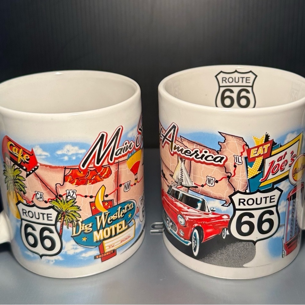 2 ROUTE 66 Coffee Mugs Set of 2 VTG Classic Cars Retro Americana EUC Pristine